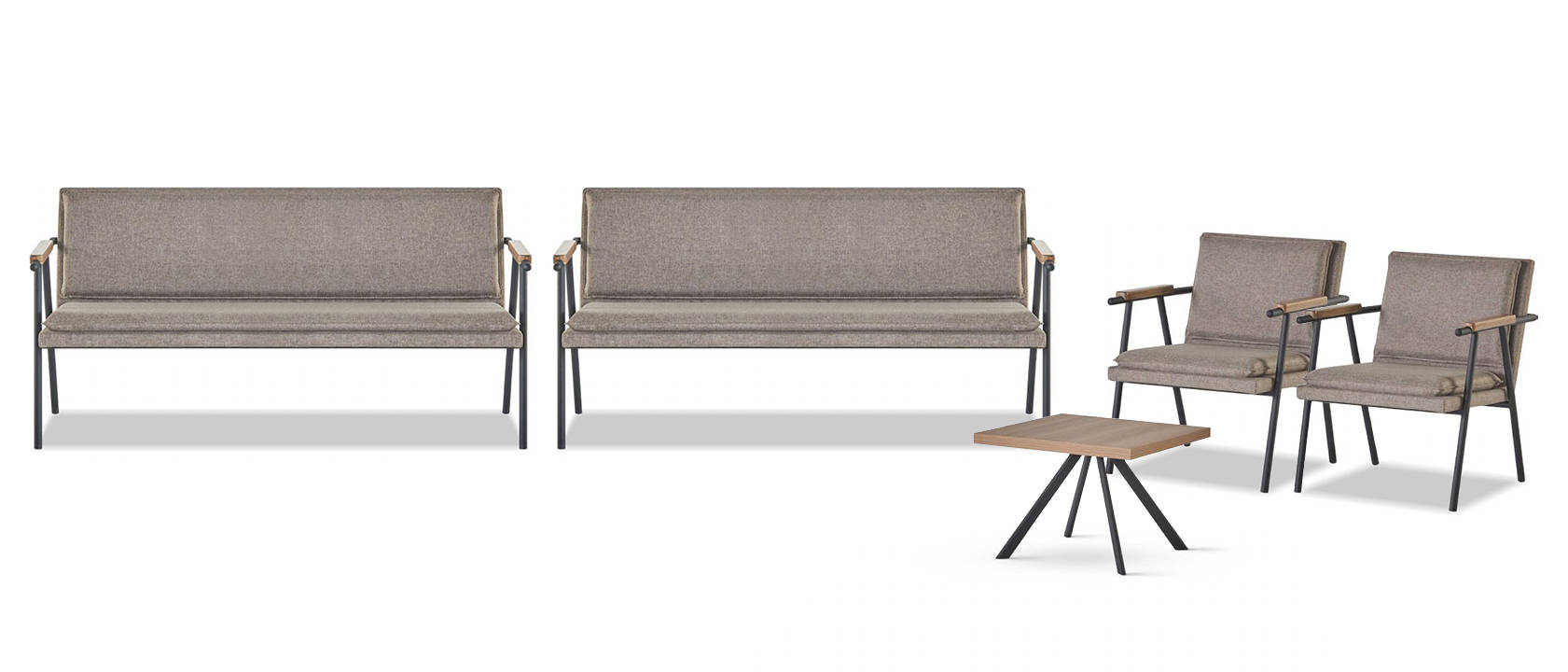 Gray waiting room furniture 2x benches 2x armchairs wooden side table