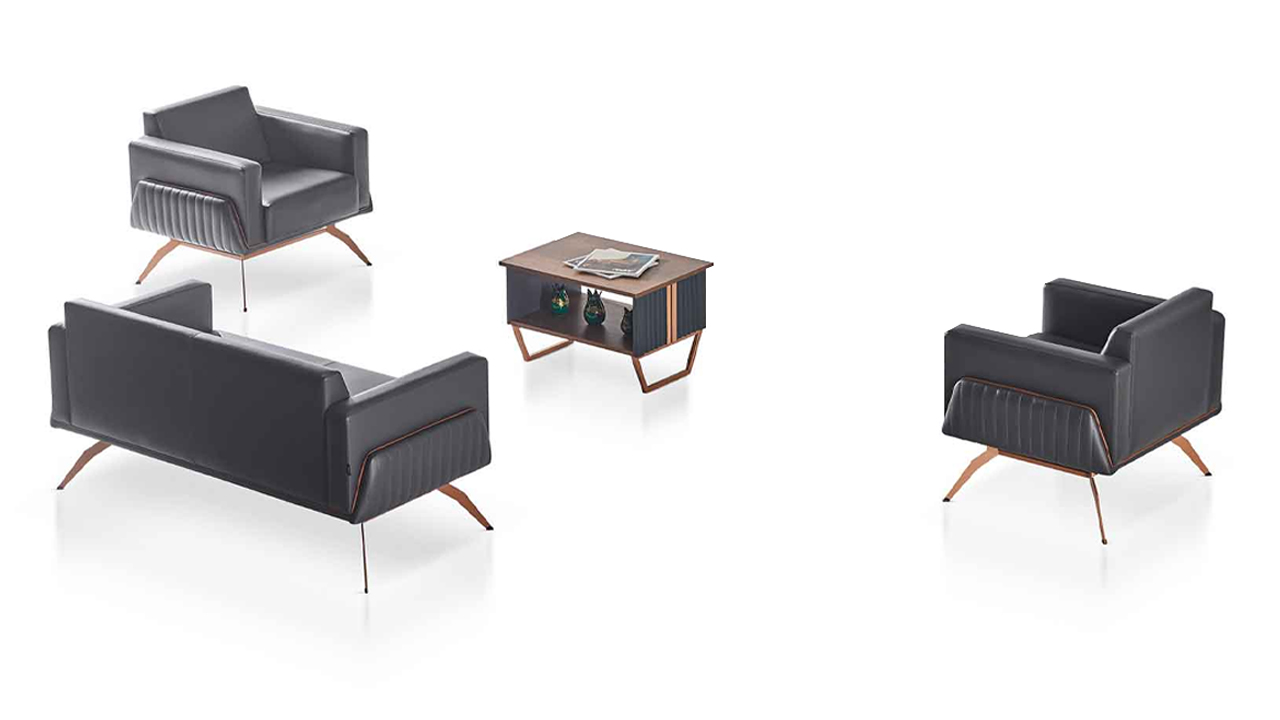 Office Room Set 4-piece 3-seater 2x Armchairs Coffee Table Grey Solid Color Style