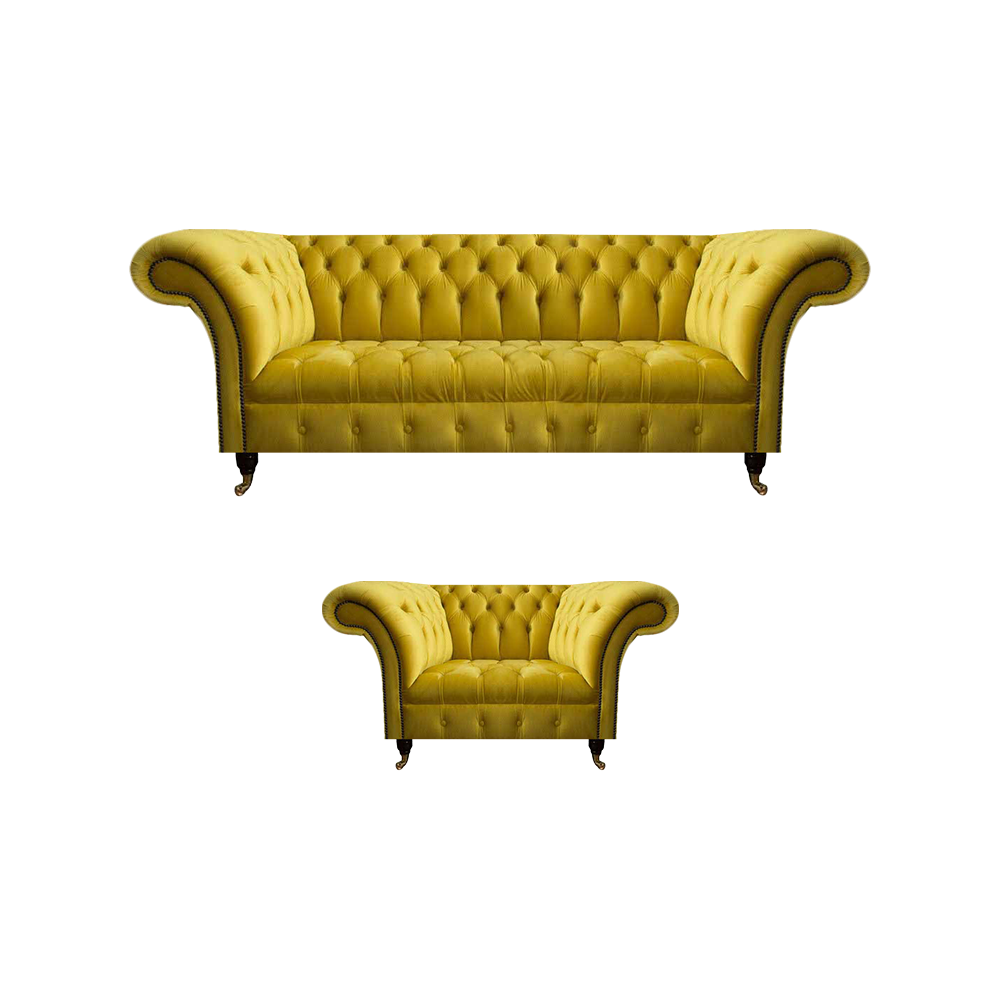 Modern Yellow Chesterfield Upholstered Suite Elegant 3-Seater Textile Armchair