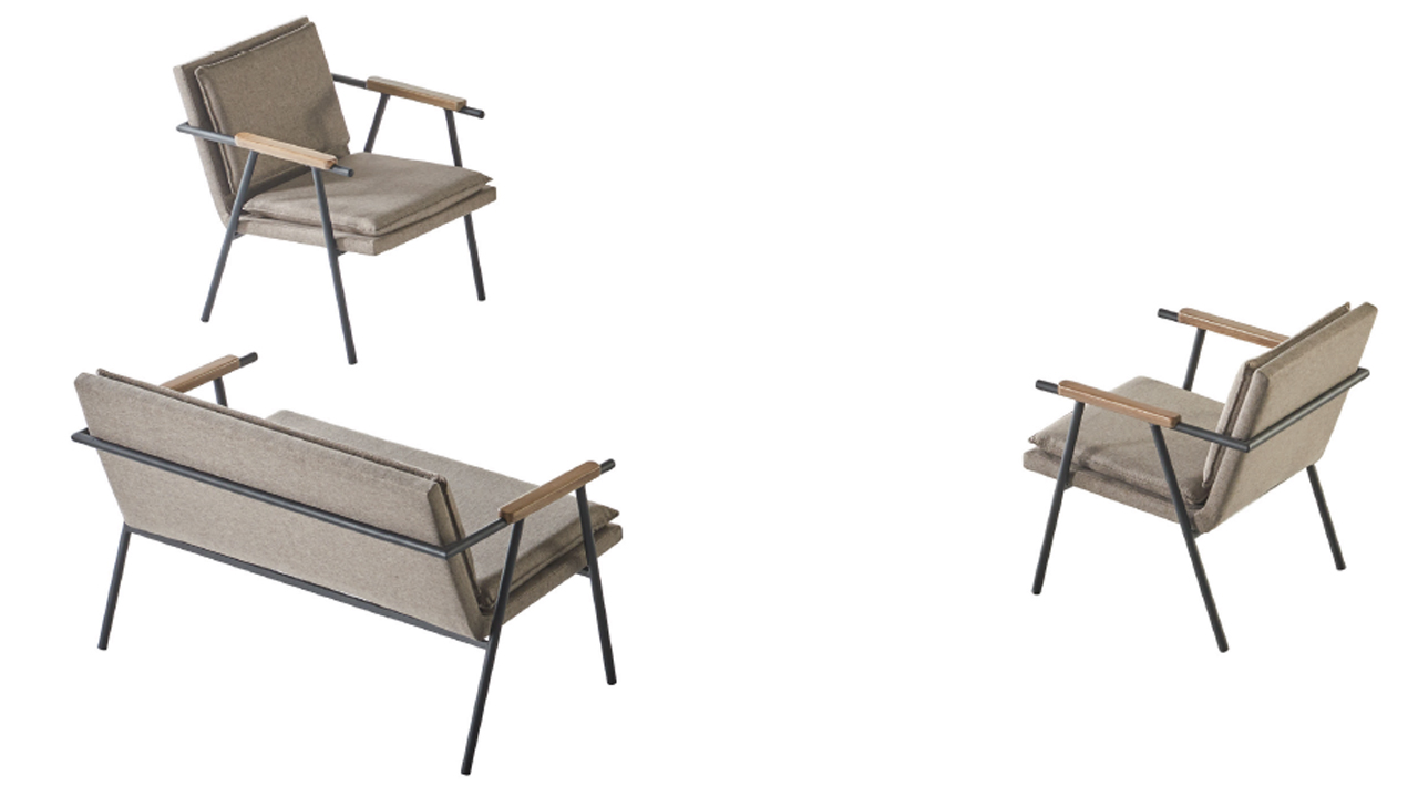 Light grey waiting room seating furniture, upholstered 2-seater, designer, 2x armchairs, 3-piece set.