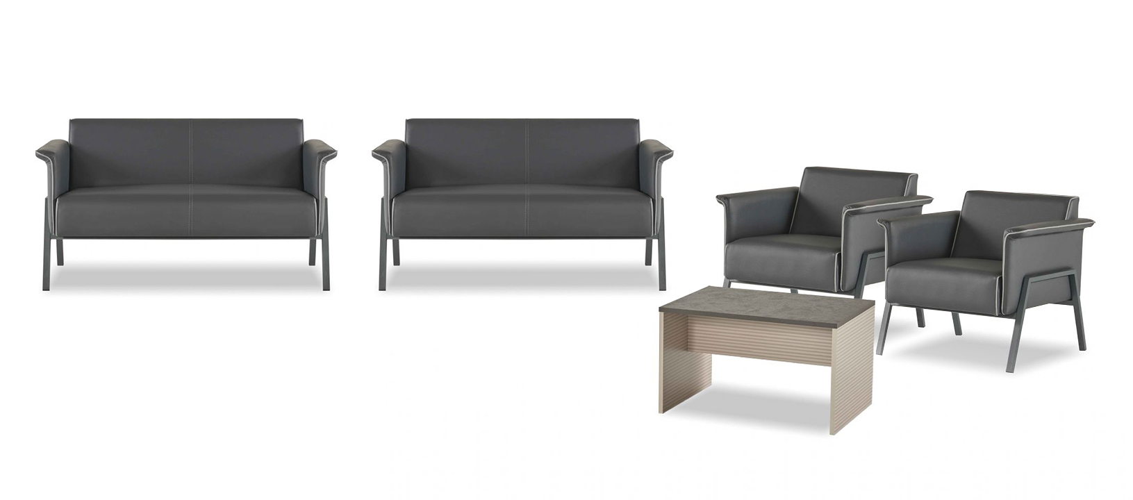 Home Office Dark Gray Coffee Table Elegant 2-Seater 2x Armchair Set