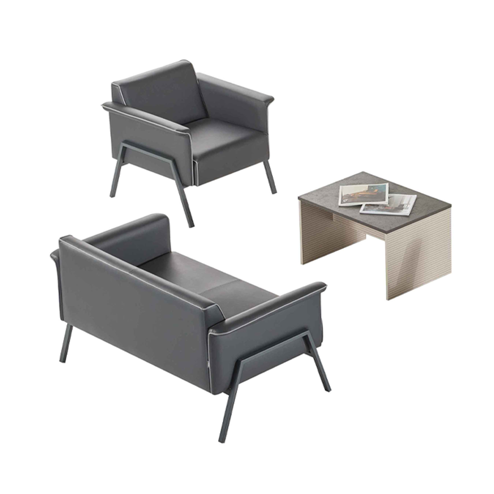 Dark gray home office furniture, elegant coffee table, armchair, 2-seater.
