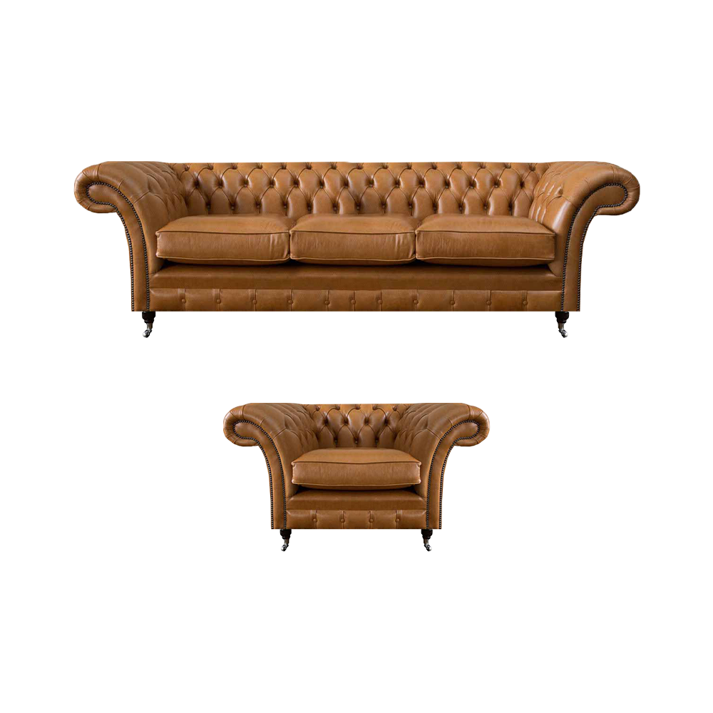 Living room design leather furniture armchair with three-seater sofa Chesterfield