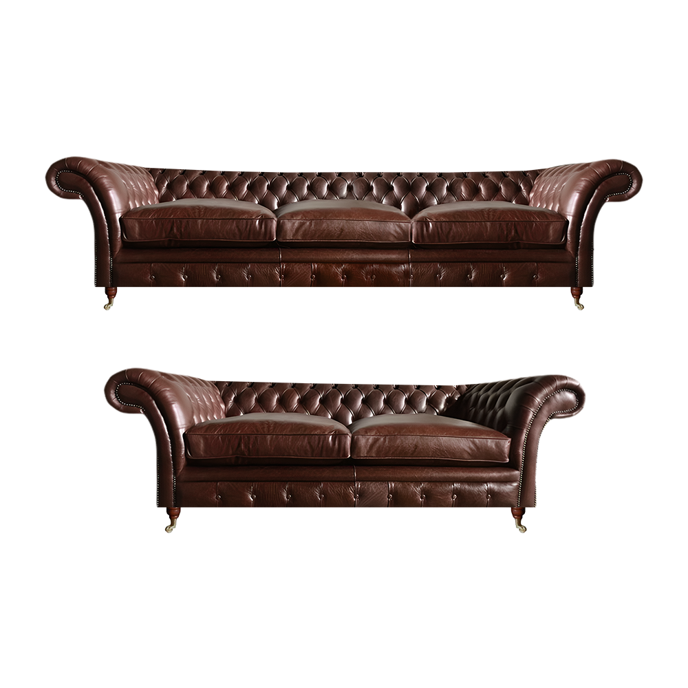 Brown leather sofa set 3+2 seater Chesterfield living room