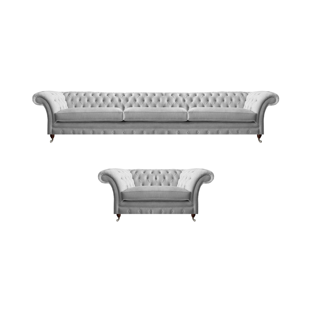 White Chesterfield Three-Seater Luxurious Living Room Upholstered Armchair 2-piece