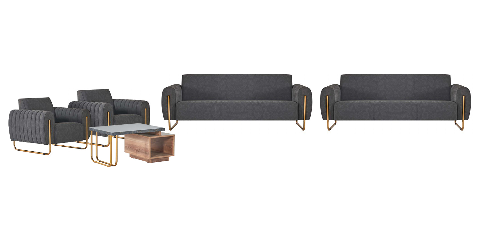 Gray upholstered seating set designer 3-seater 2 armchairs coffee table 5-piece