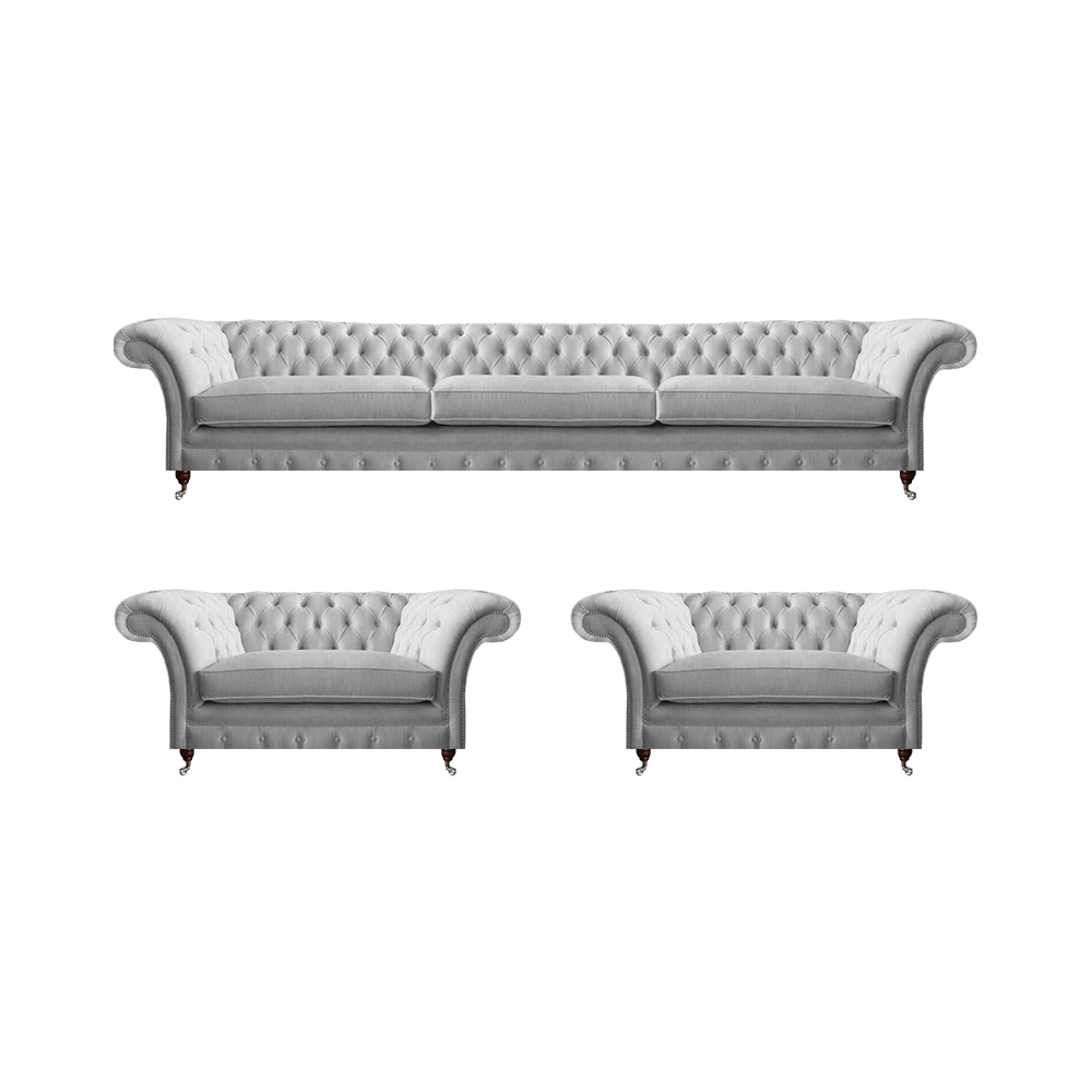 White Chesterfield textile upholstery sofa set living room armchairs 3 pieces