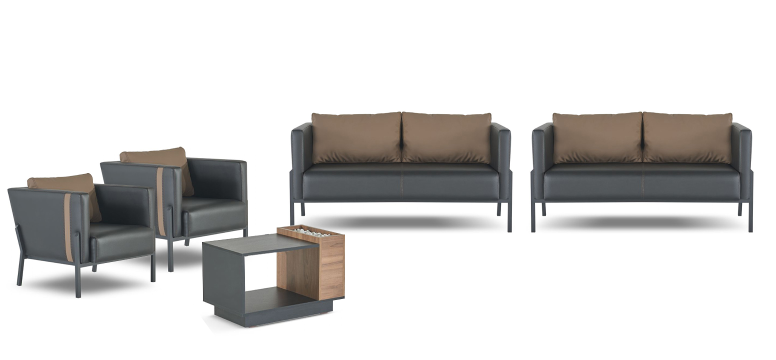 Black-Brown Home Office Seating Set Designer Armchair 2-Seater Table