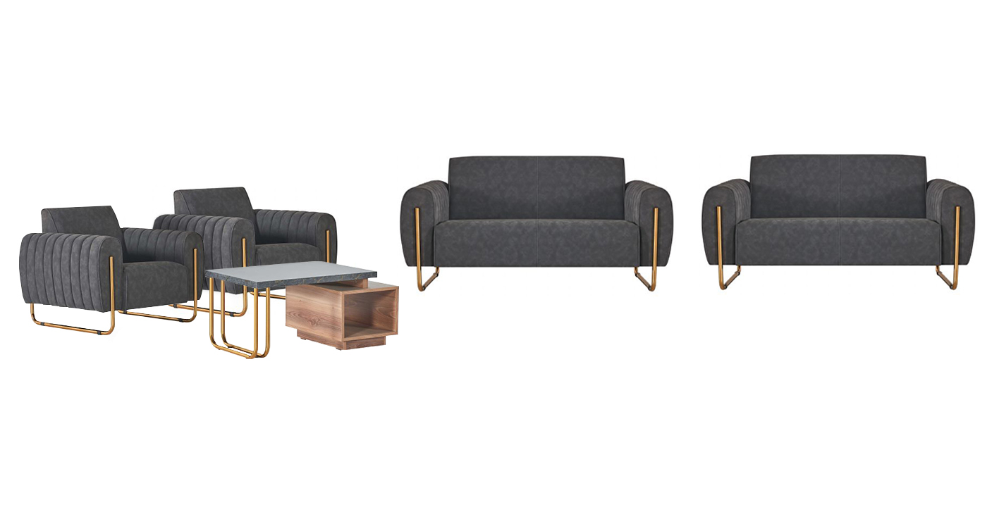 Noble gray office set 2x upholstered two-seater wood coffee table fabric furniture