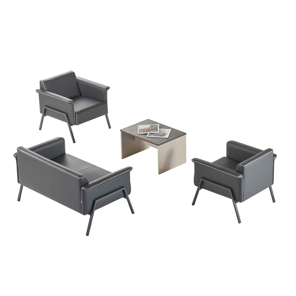 Dark gray office furniture leather 2-seater wooden table 2x armchairs 4-pc set