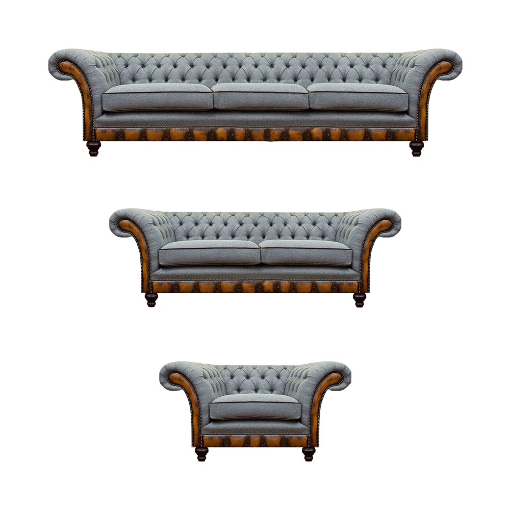 Chesterfield Light Gray Upholstered Living Room Sofa Set Elegant Set