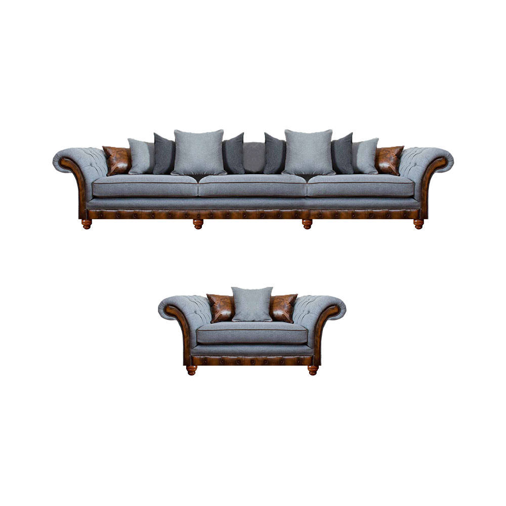 Luxury style furniture Chesterfield gray sofa set 2 pieces upholstered couches living room.