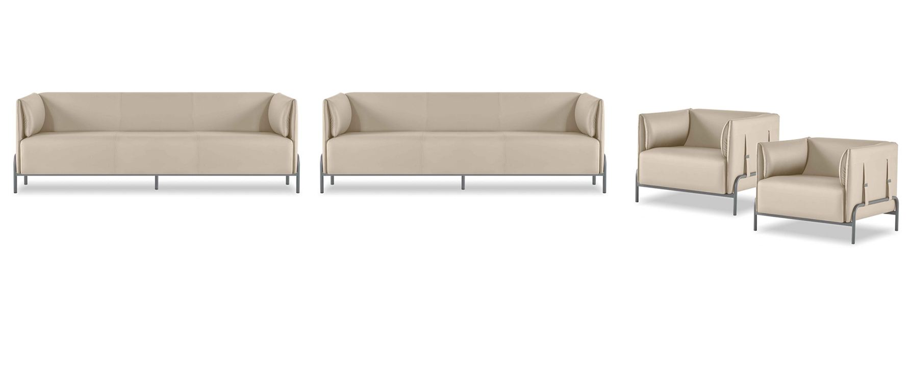 Light beige home office furniture designer 2x 3-seater leather armchairs 4-piece set