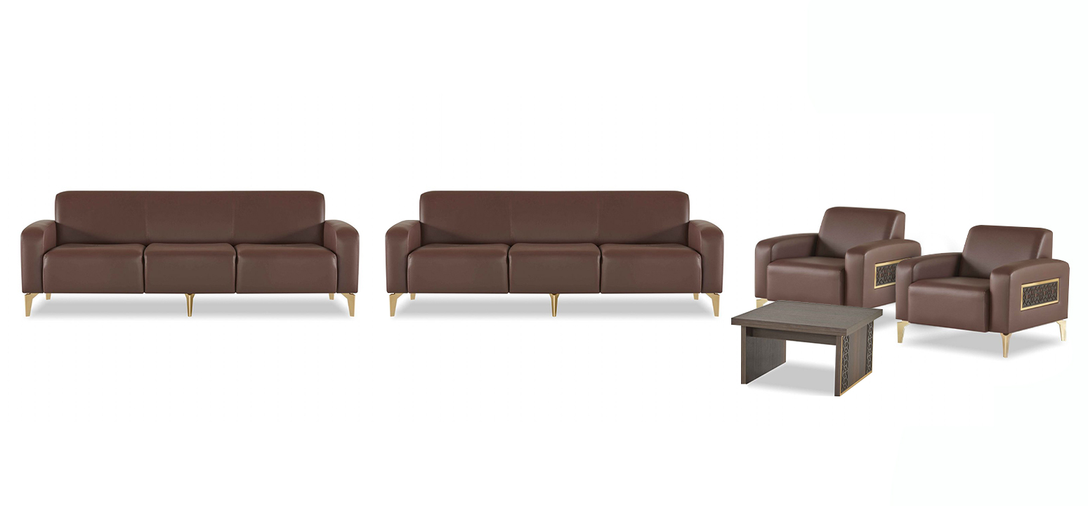 Brown home office leather suite three-seater 2x armchairs coffee table