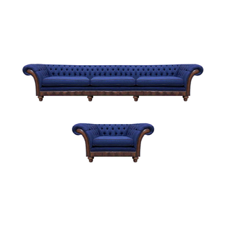 Blue Chesterfield upholstered furniture designer 3-seater sofa fabric armchair 2-piece set