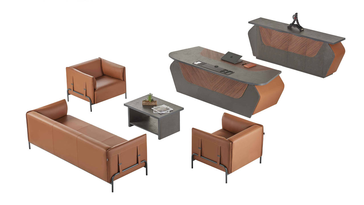 Brown-gray office furniture, 3-seater armchair, desk, sideboard, 6 pieces.