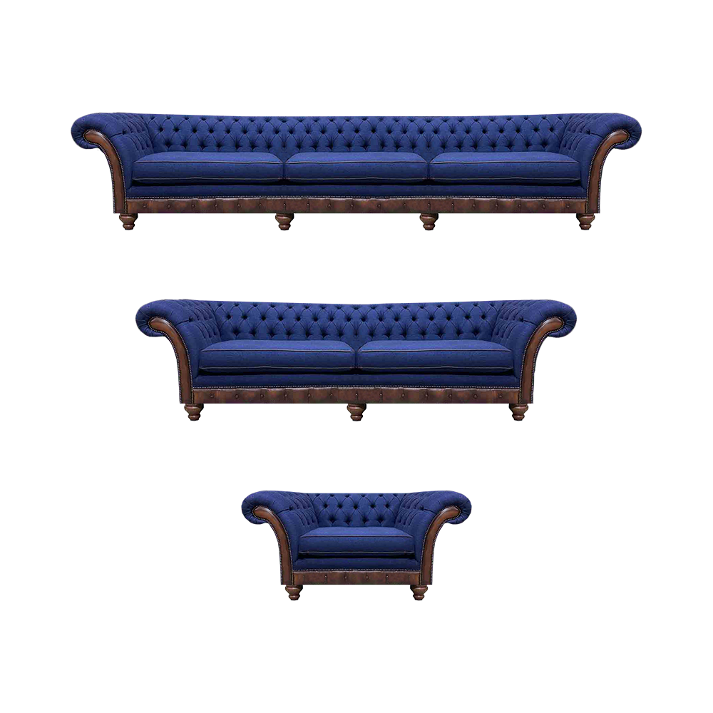 Designer Chesterfield Sofa Set Elegant Blue Three-Seater Chair 3-piece