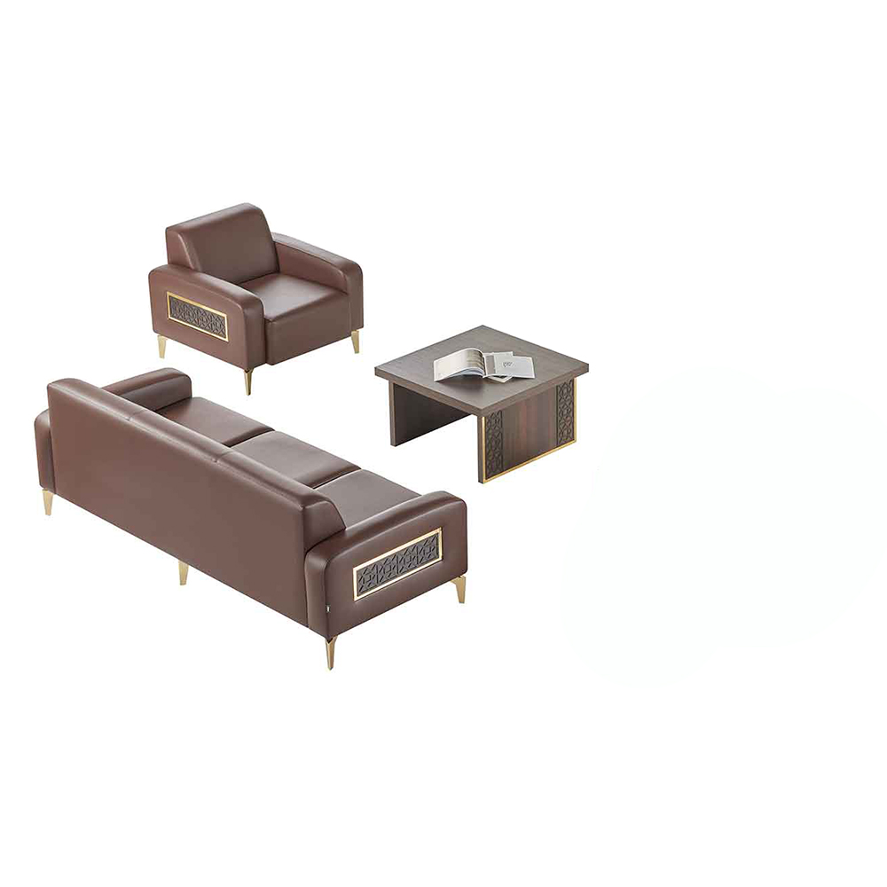 Home office set 3-piece 3-seater armchair coffee table brown solid color modern