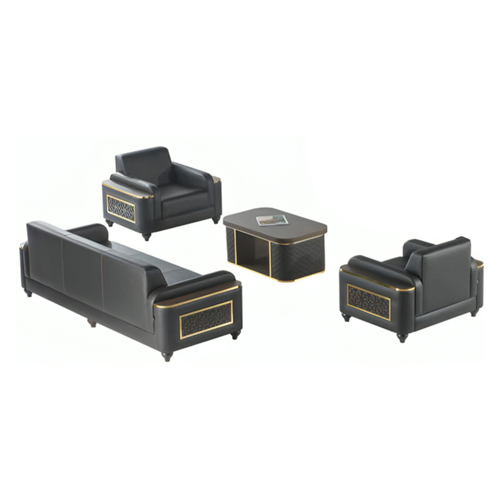 Living Room Office Set 4-piece 3-seater Armchair Coffee Table Brown Color