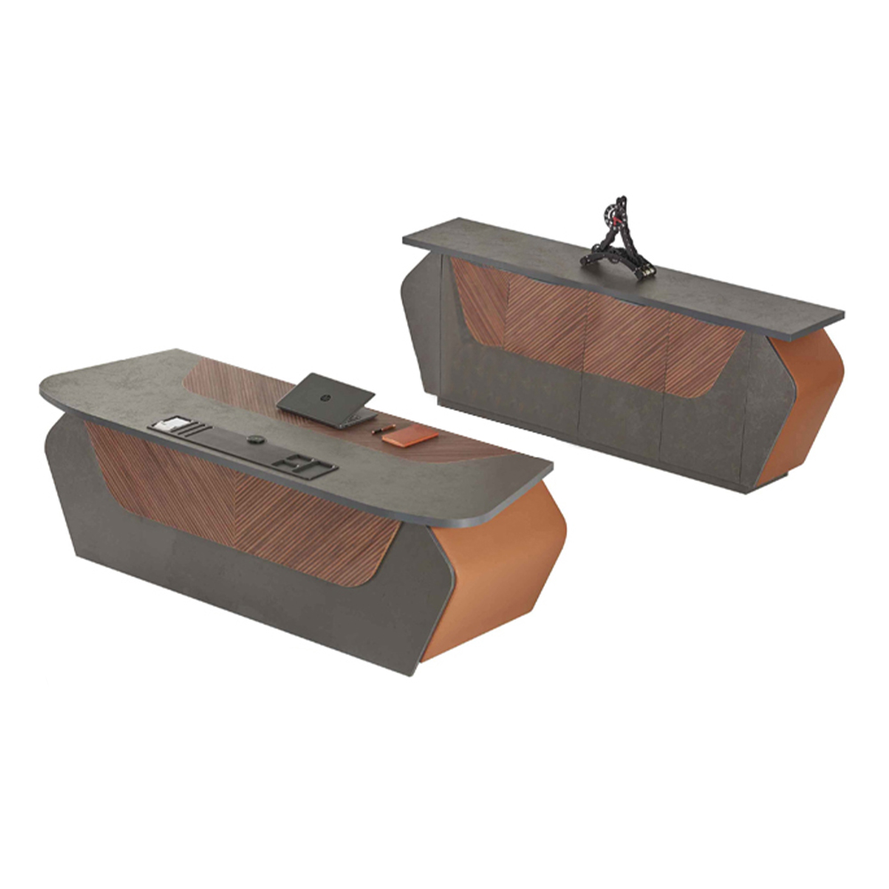 Two-tone Brown Gray Home Office Set Desk with Sideboard Modern