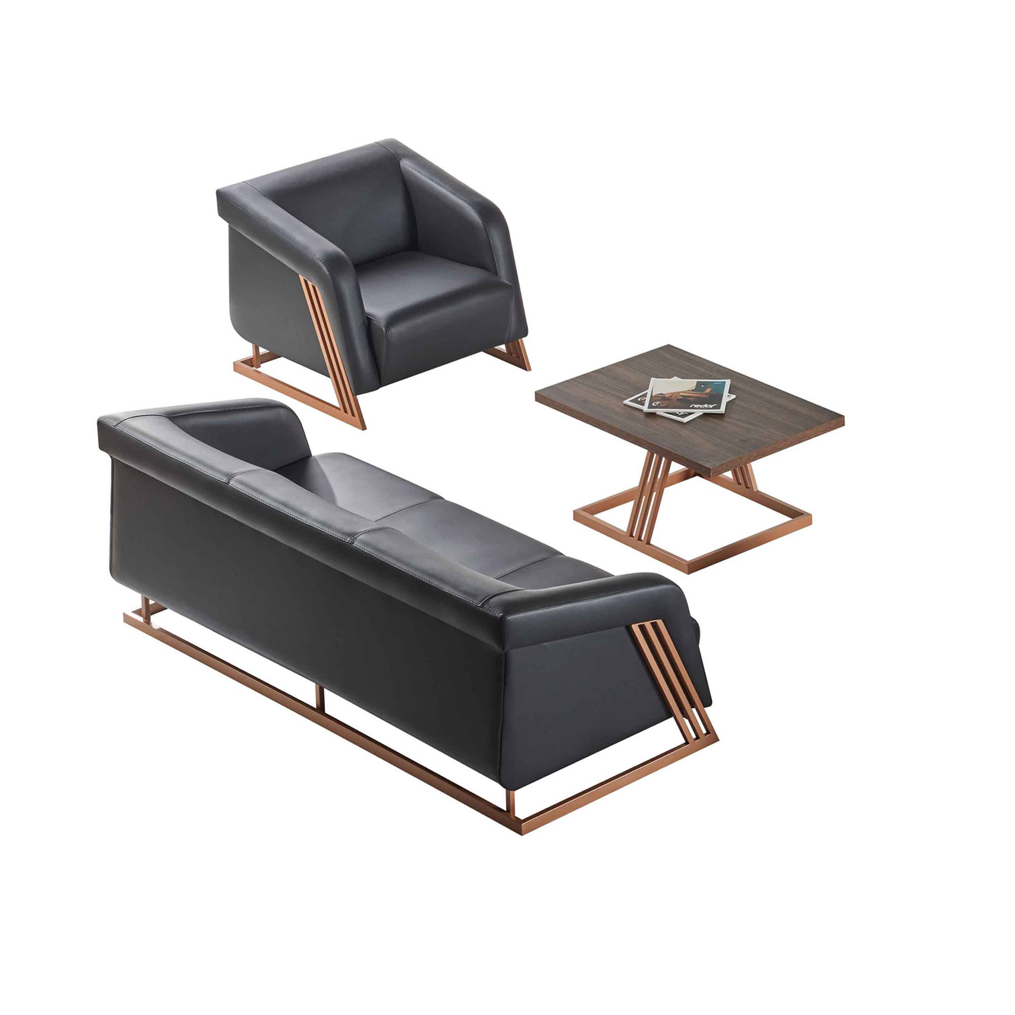 Furniture Set Leather Sofas 3-Seater Armchair Sofa Wooden Coffee Table Stainless Steel