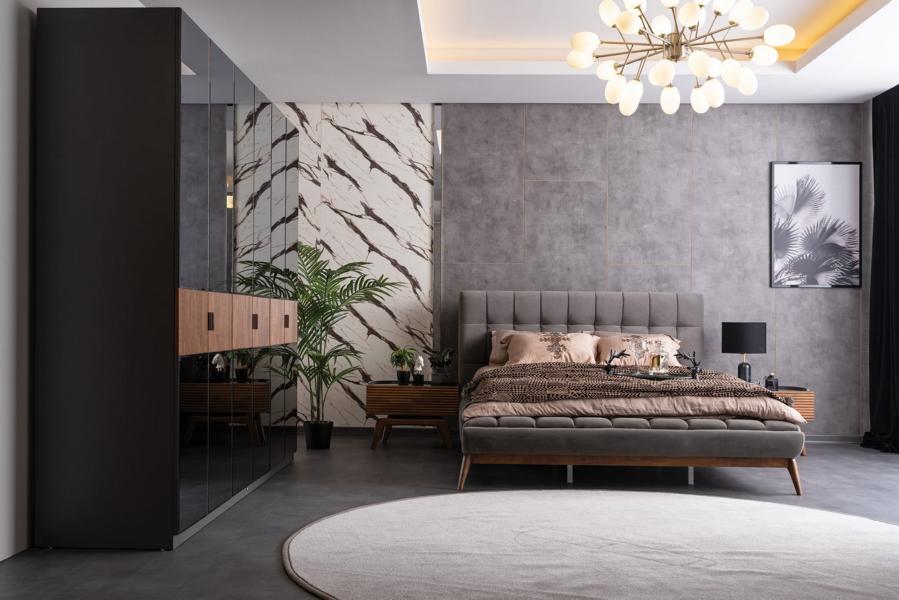 Bed 2x Nightstands Mirrored Wardrobe Double Bed Bedroom Set