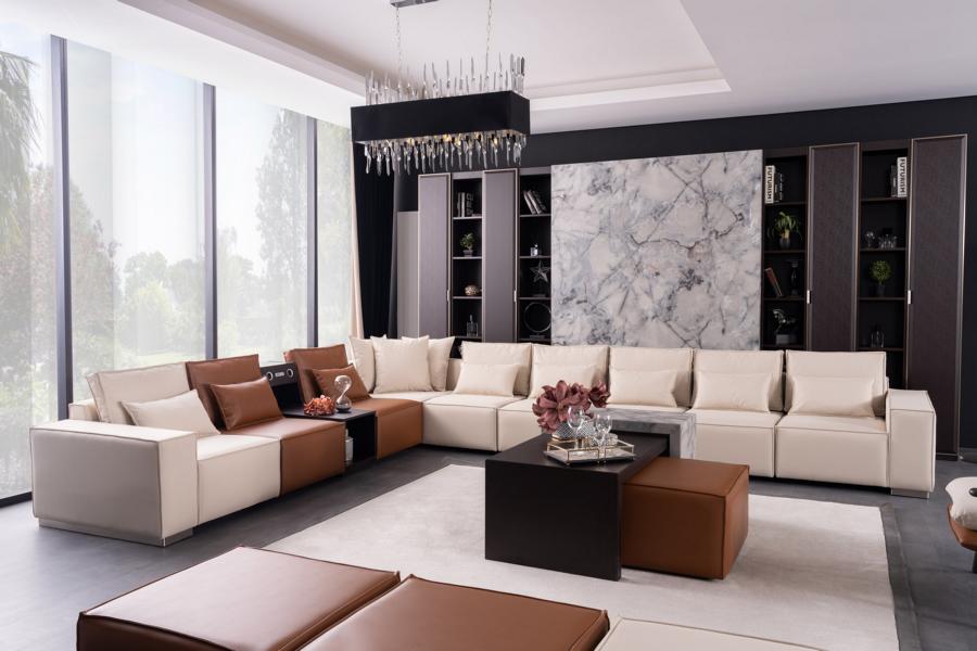 Corner sofa with sound system coffee table L-shape fabric leather living room