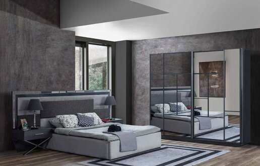 Bedroom Grey Furniture Stylish Double Bed Glass Wardrobe 4pc