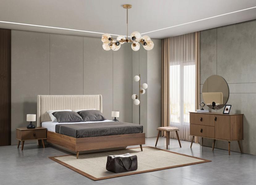 Bedroom set luxury bed + 2 nightstands modern dresser with mirror wood