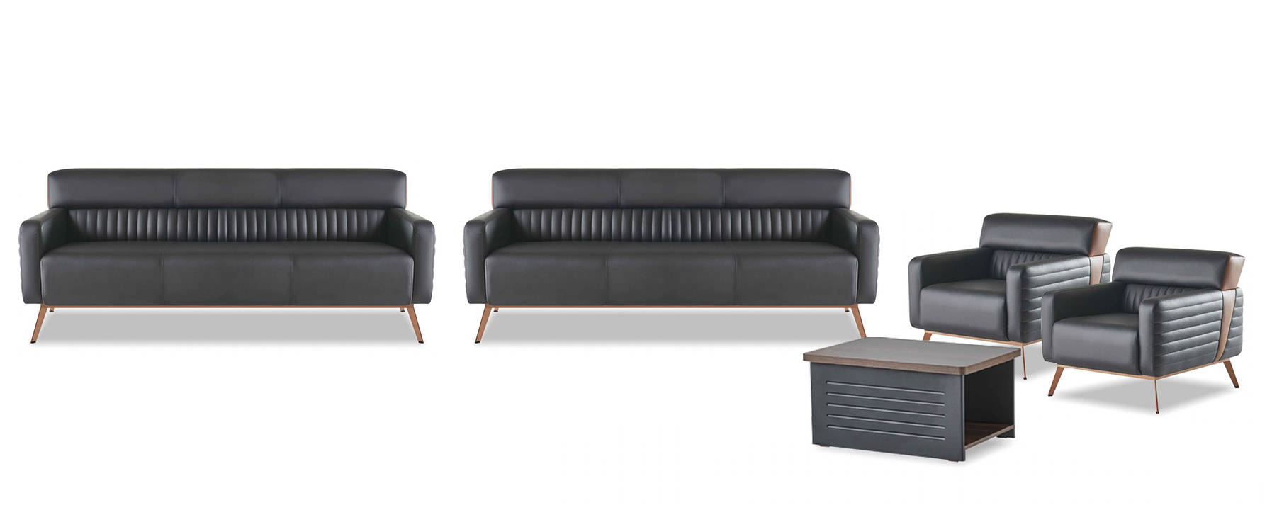 Designer black seating set 2 armchairs, three-seater sofa, coffee table 5 pieces