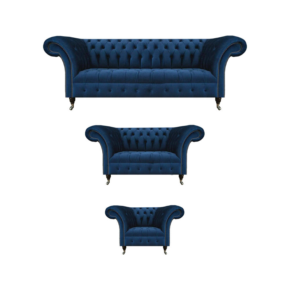 Designer Blue Chesterfield Seating Furniture Fabric Sofas Luxury Set 3-piece