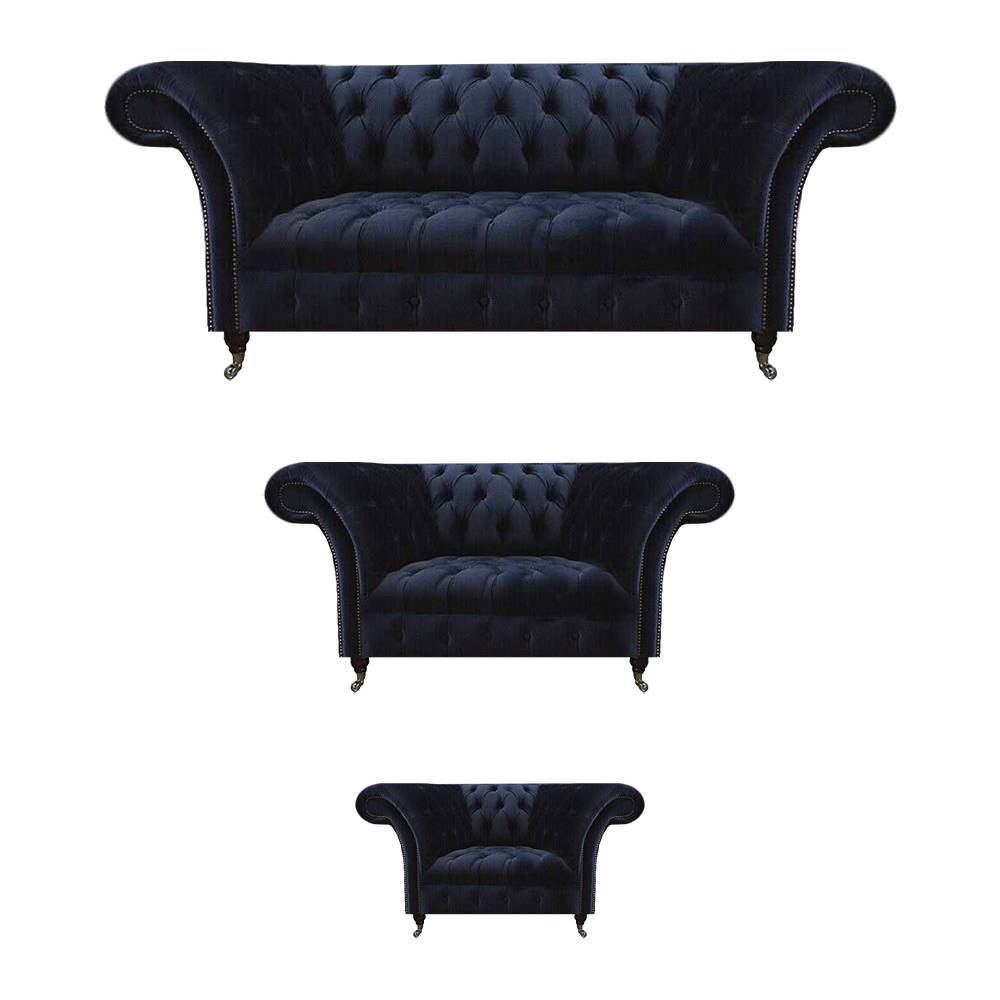 Complete Chesterfield Dark Blue Sofa Set Designer Seating Furniture 3-piece