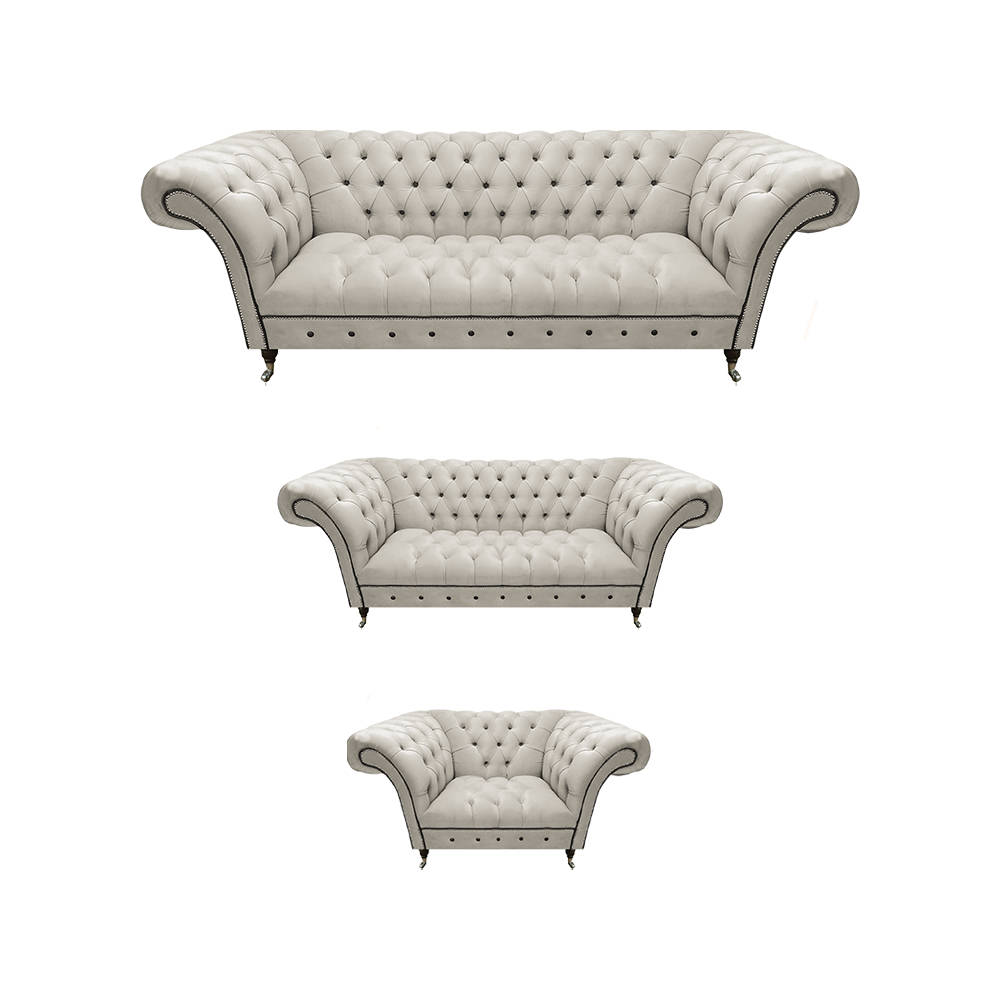 White Chesterfield leather sofas living room seating couches complete set 3 pieces.