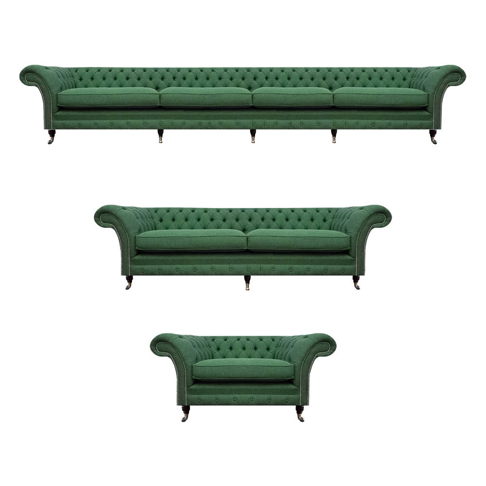 Chesterfield Green Seating Set Large Four-Seater Luxury 2-Seater Armchair