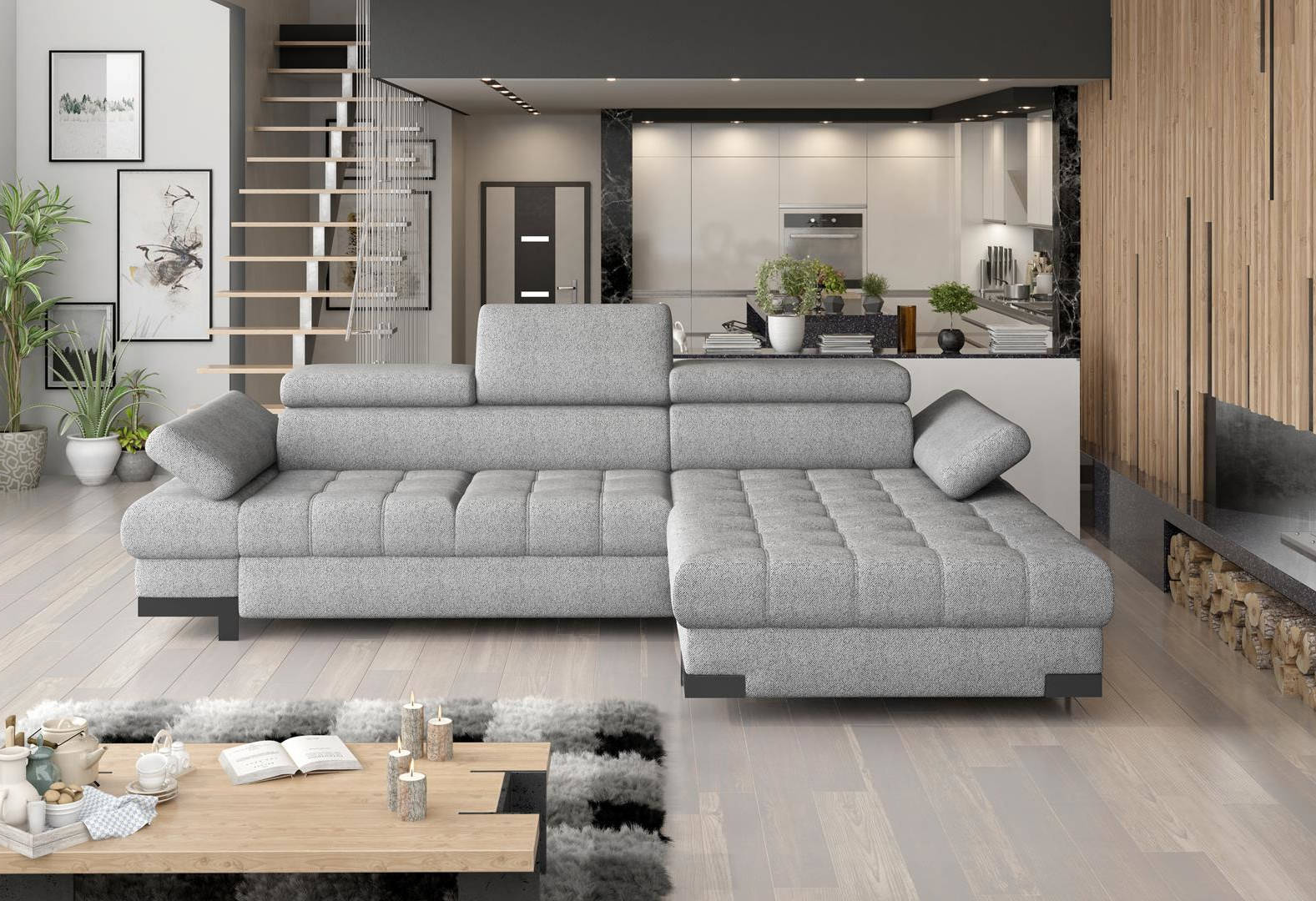 Design corner sofa L-shape with bed function, couch, leather, textile, multifunction sofa, fabric.