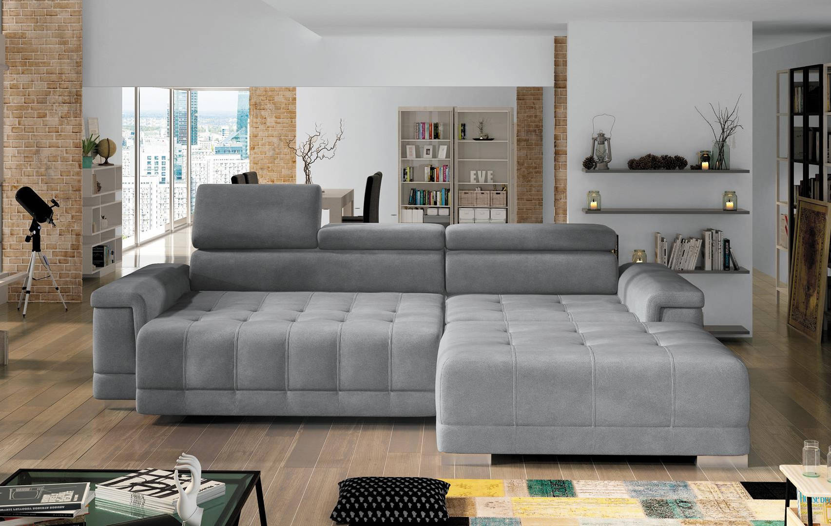 L-shaped sofa couch design upholstered modern textile bed function gray fabric
