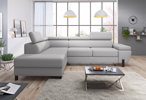 Corner upholstered sofa with bed function, modern design, L-shape, new.