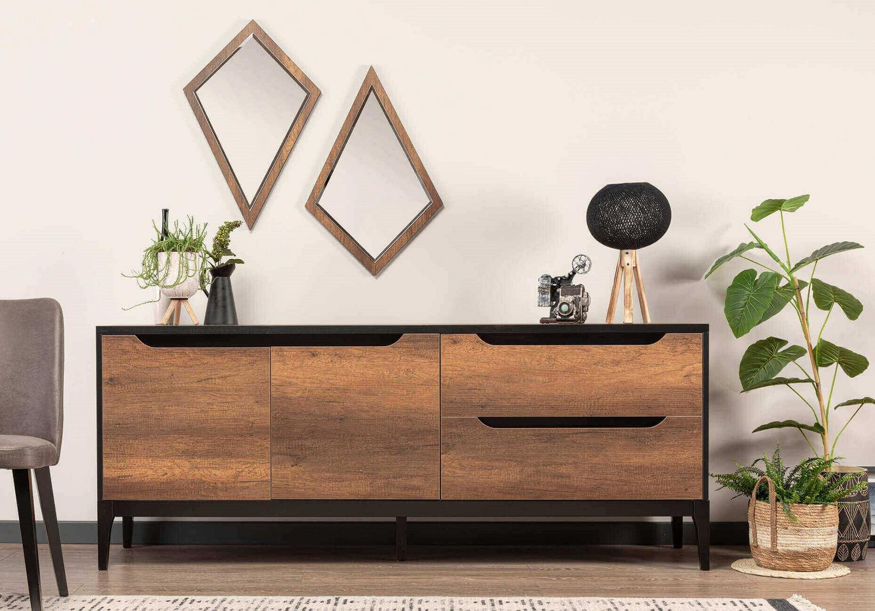 Dining room sideboard with 2 mirrors, modern furnishings, wooden furniture set group.