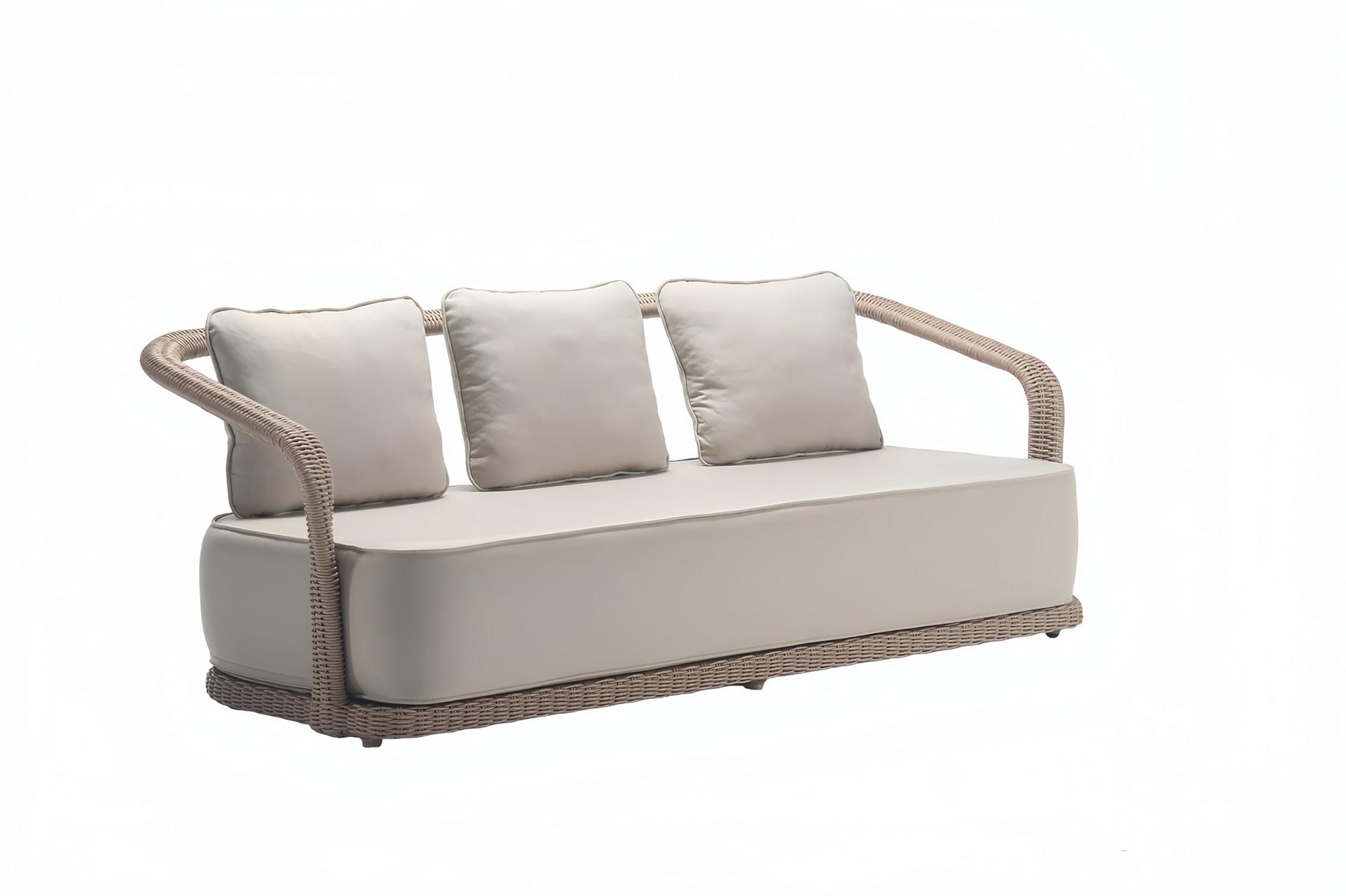 Sofa 3-seater Beige Design Terrace Upholstery Rattan Cushion Modern Luxury