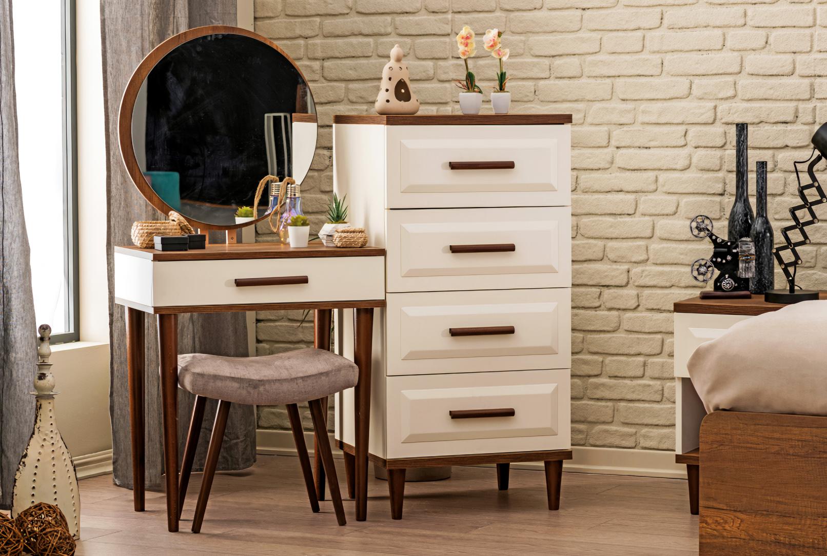 Complete bedroom 4-piece dressing table set with mirror, design chest of drawers, and stool.
