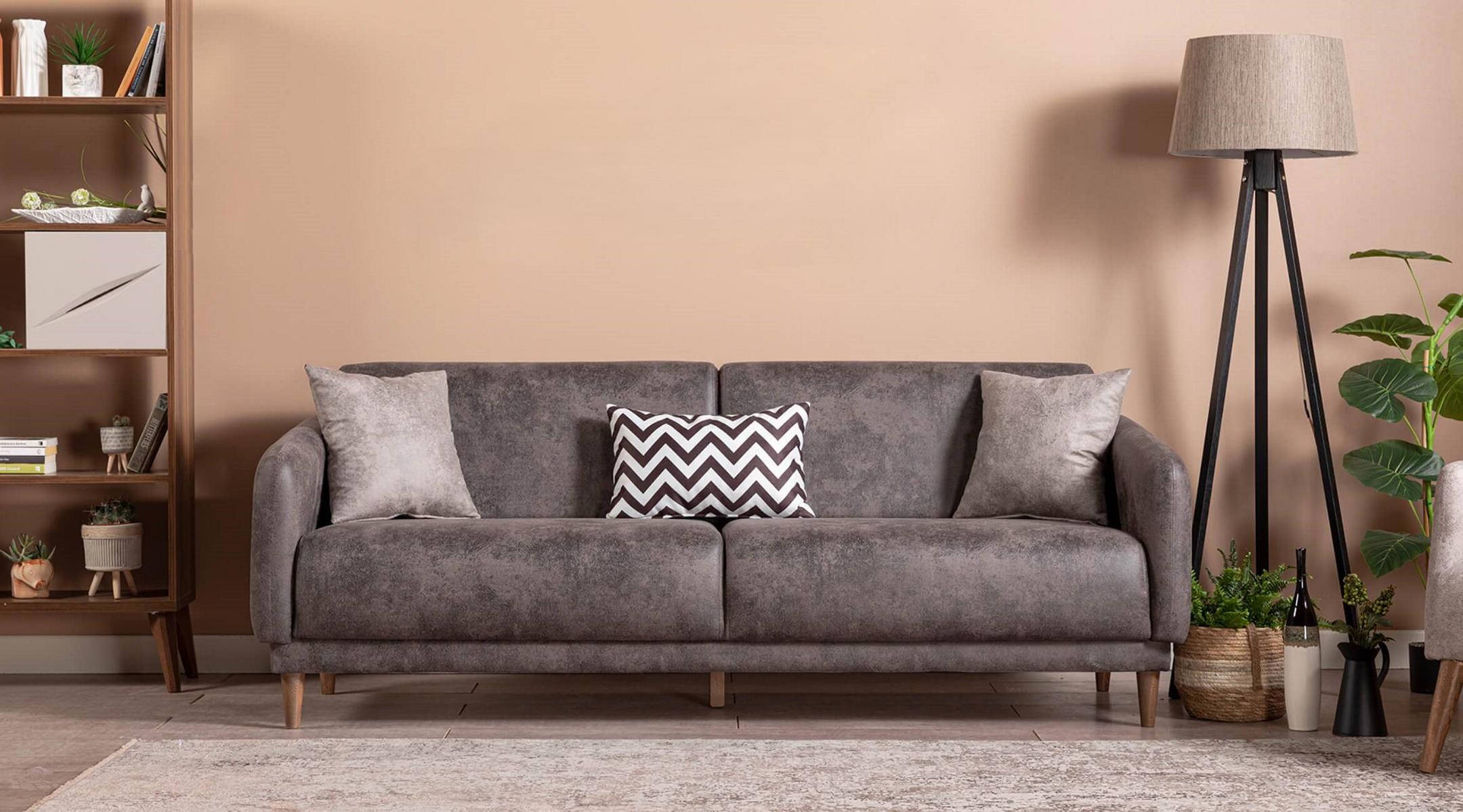 Gray Textile Three-Seater Sofa Living Room Upholstered Furniture Modern 3-Seater Sofa