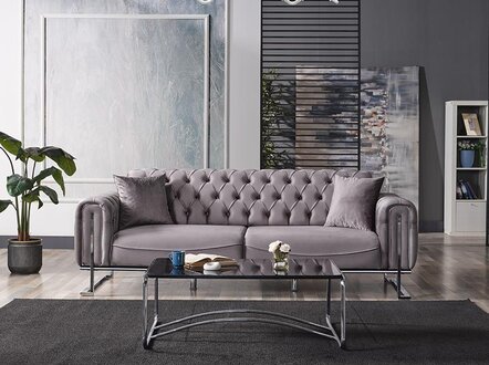 Chesterfield Gray Textile Upholstered Sofa Modern Design 3-Seater Luxury Couch