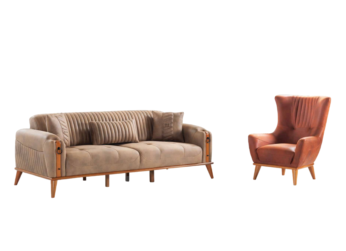 Living Room Set 2-piece Brown Leather 3-Seater Sofa Armchair Modern