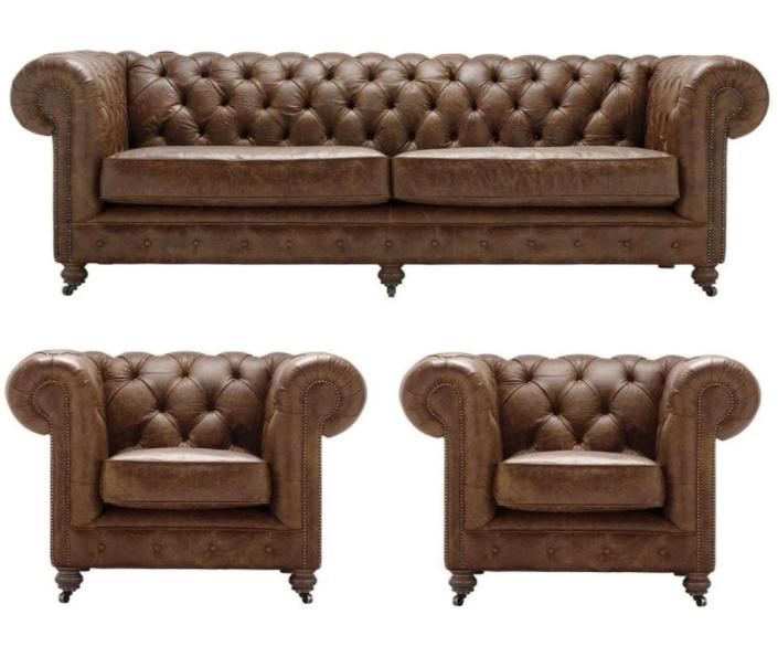 Braun Chesterfield +2 Armchairs Leather Couches Creative Furniture New Living Room Sofa
