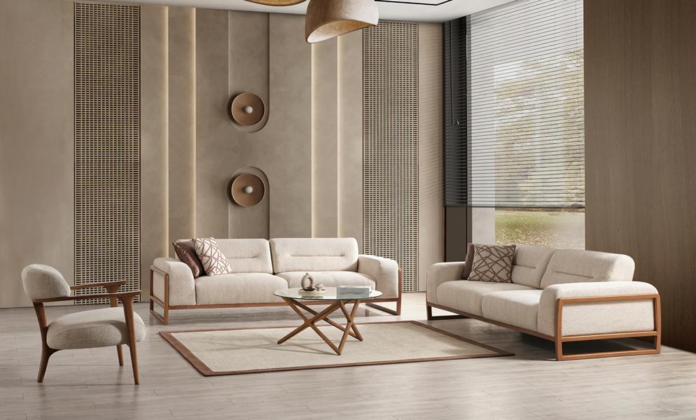 Designer Beige Sofa Set High Quality Living Room Three-Seater upholstered armchair set