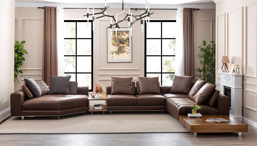 Modern living room brown corner sofa stylish L-shape faux leather couch corner set