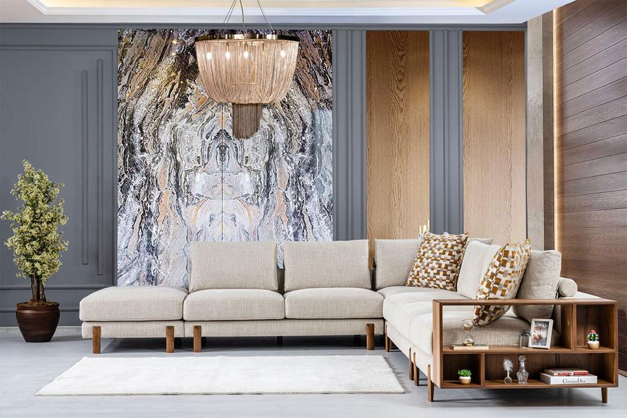 Comfortable Beige Corner Sofa L-Shape Modern Fabric Sofa Living Room Furniture Corner Set