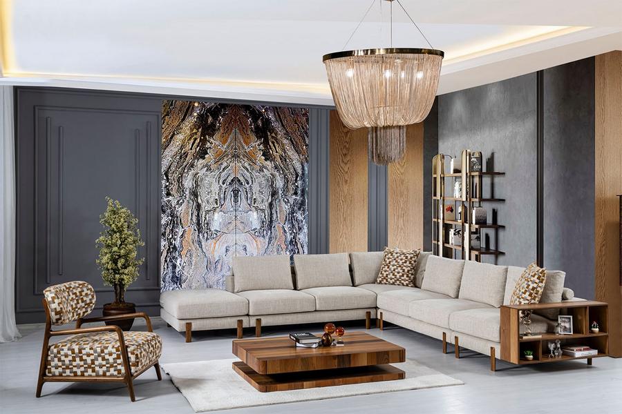 Stylish beige L-shaped corner sofa with chair, comfortable textile sofa set corner arrangement.