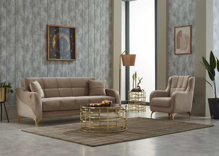 Beige 2-piece upholstered sofa set with a three-seater couch and armchair.