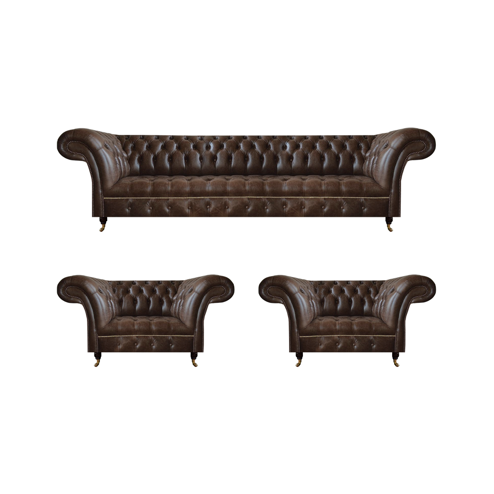 Living room brown Chesterfield leather furniture designer seating 3-piece set